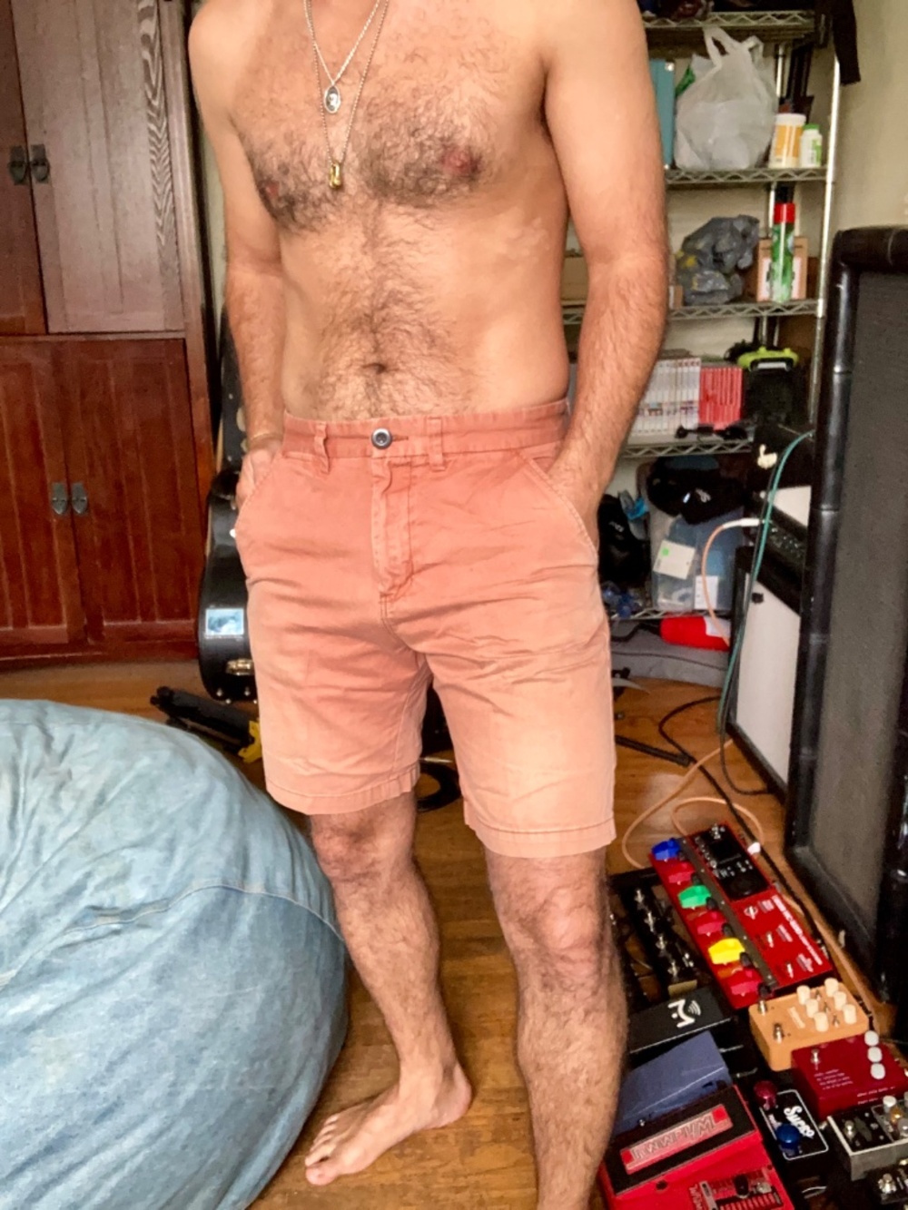 Sun-faded casual shorts.